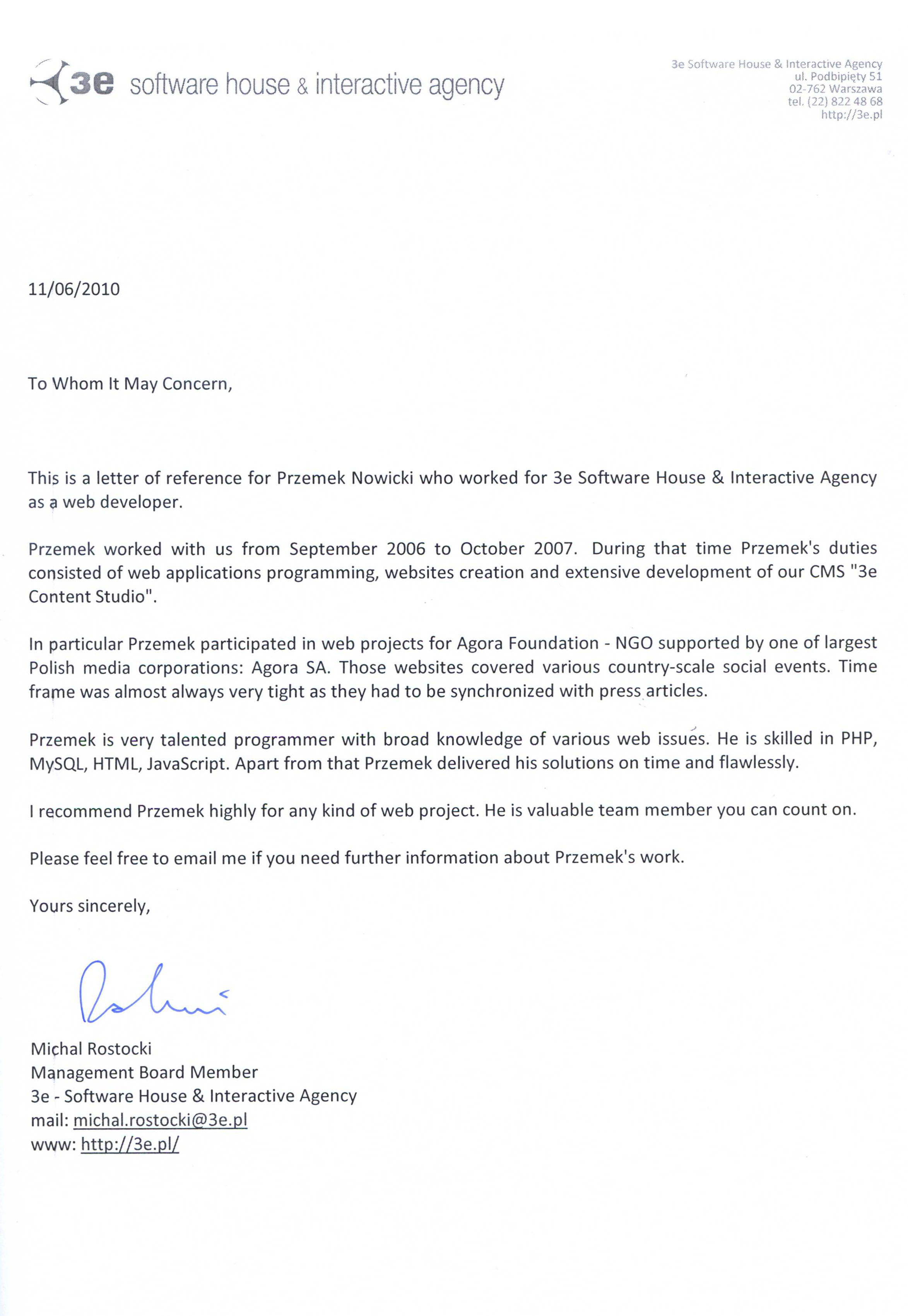 przemek nowicki software developer recommendation letter for programmer